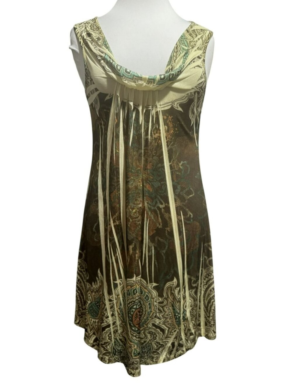 Sylvie & Mado Y2K Boho Ethnic Drape Neck Sleeveless Slinky Sublimation Dress  L